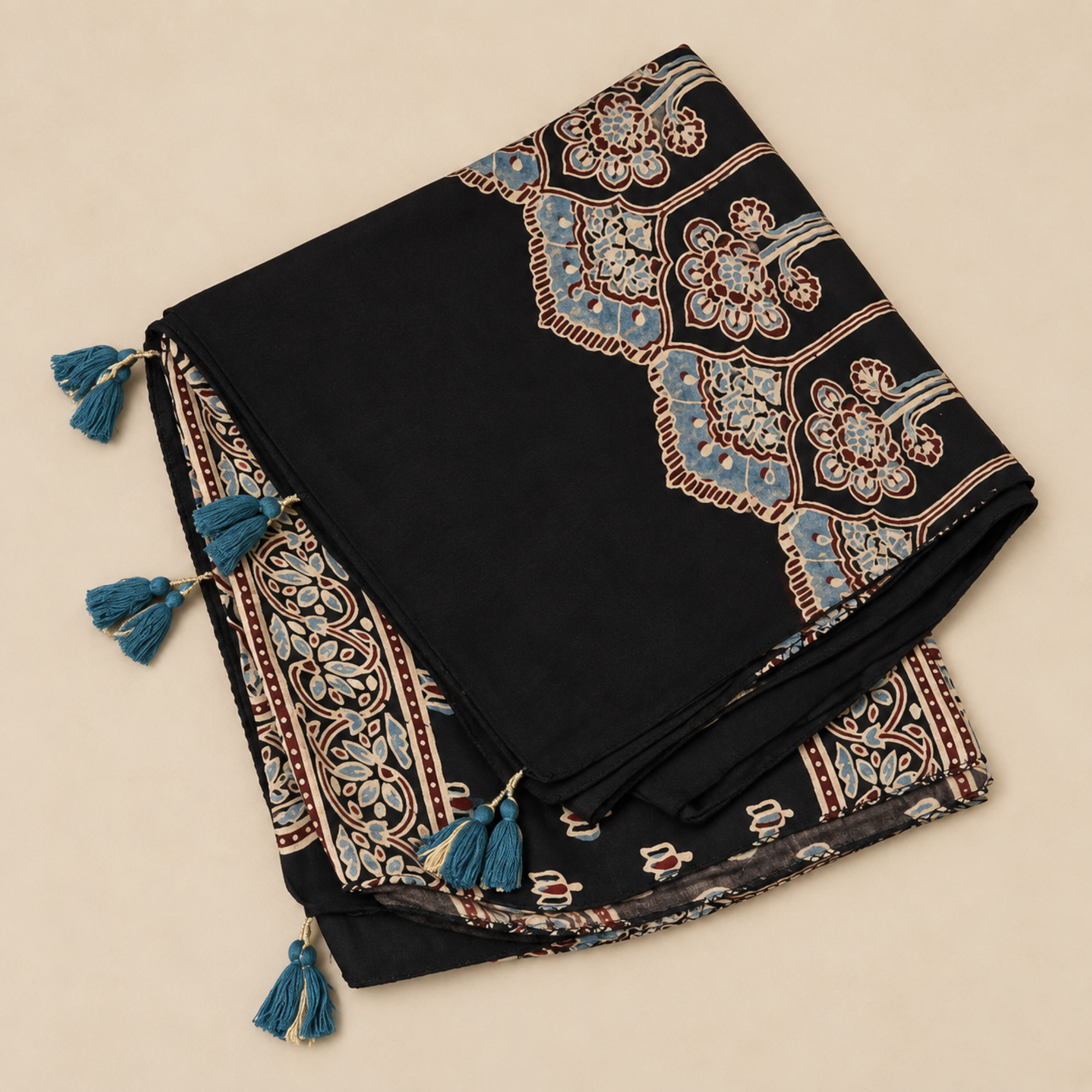Stoles - Black Ajrakh Print Modal Silk Stole
