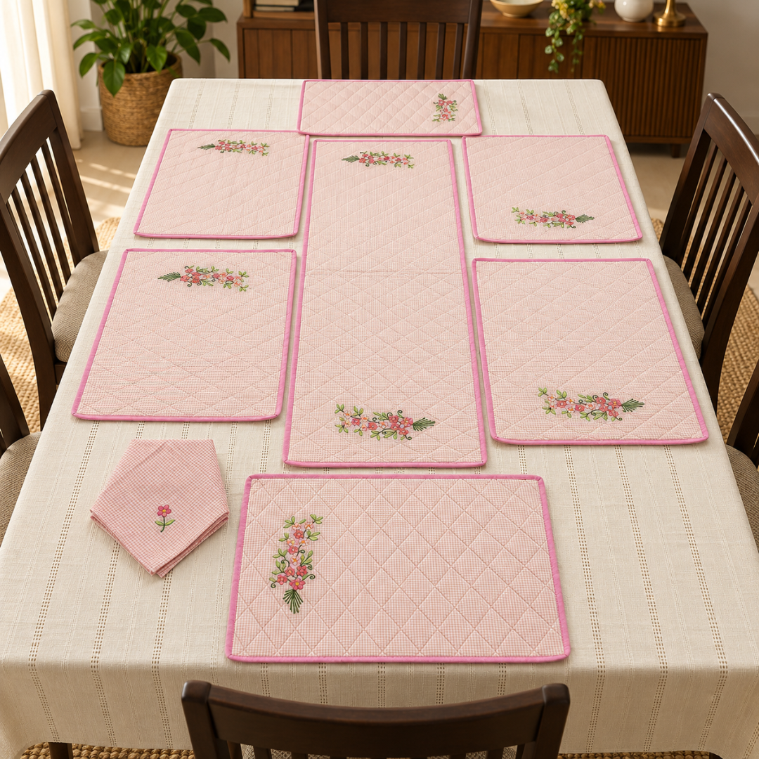 Pink Checked Cotton Quilted Table Mat Set