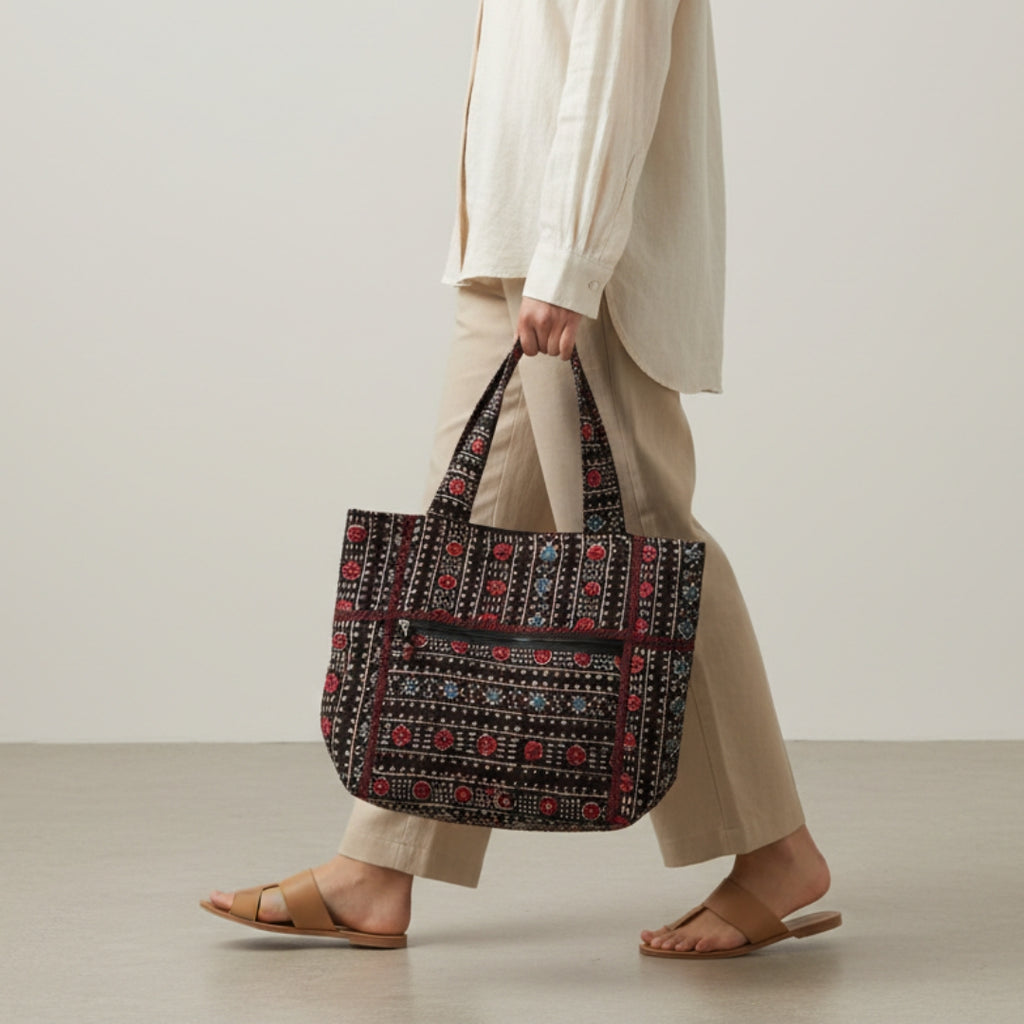Black Ajrakh Handcrafted Quilted Tote Bag