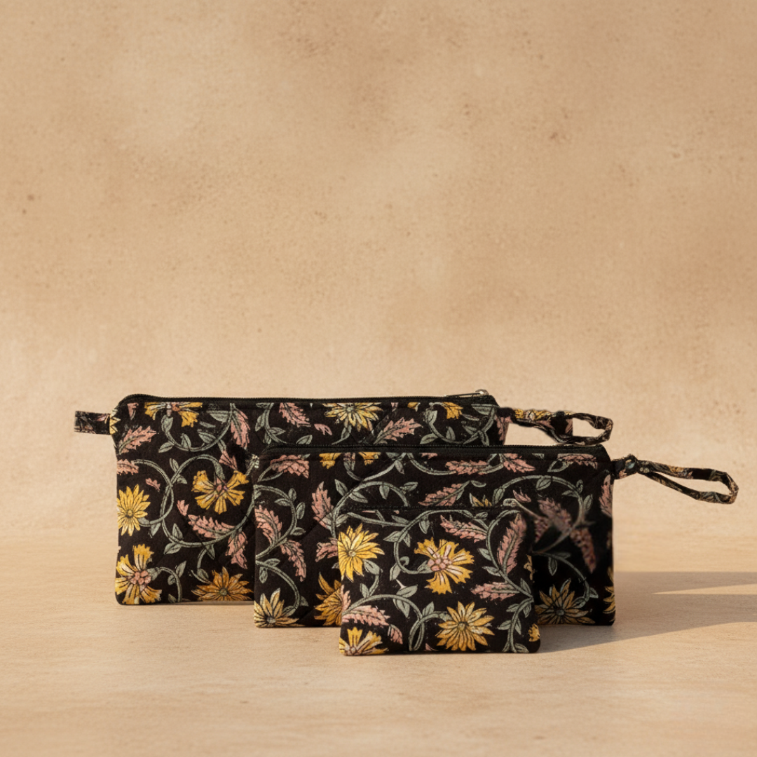 Midnight Bloom Handcrafted Set of Three Multipurpose pouch