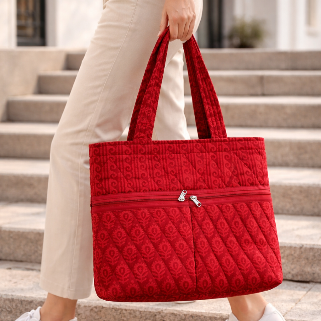 Red Handblock Handcrafted Quilted Tote Bag