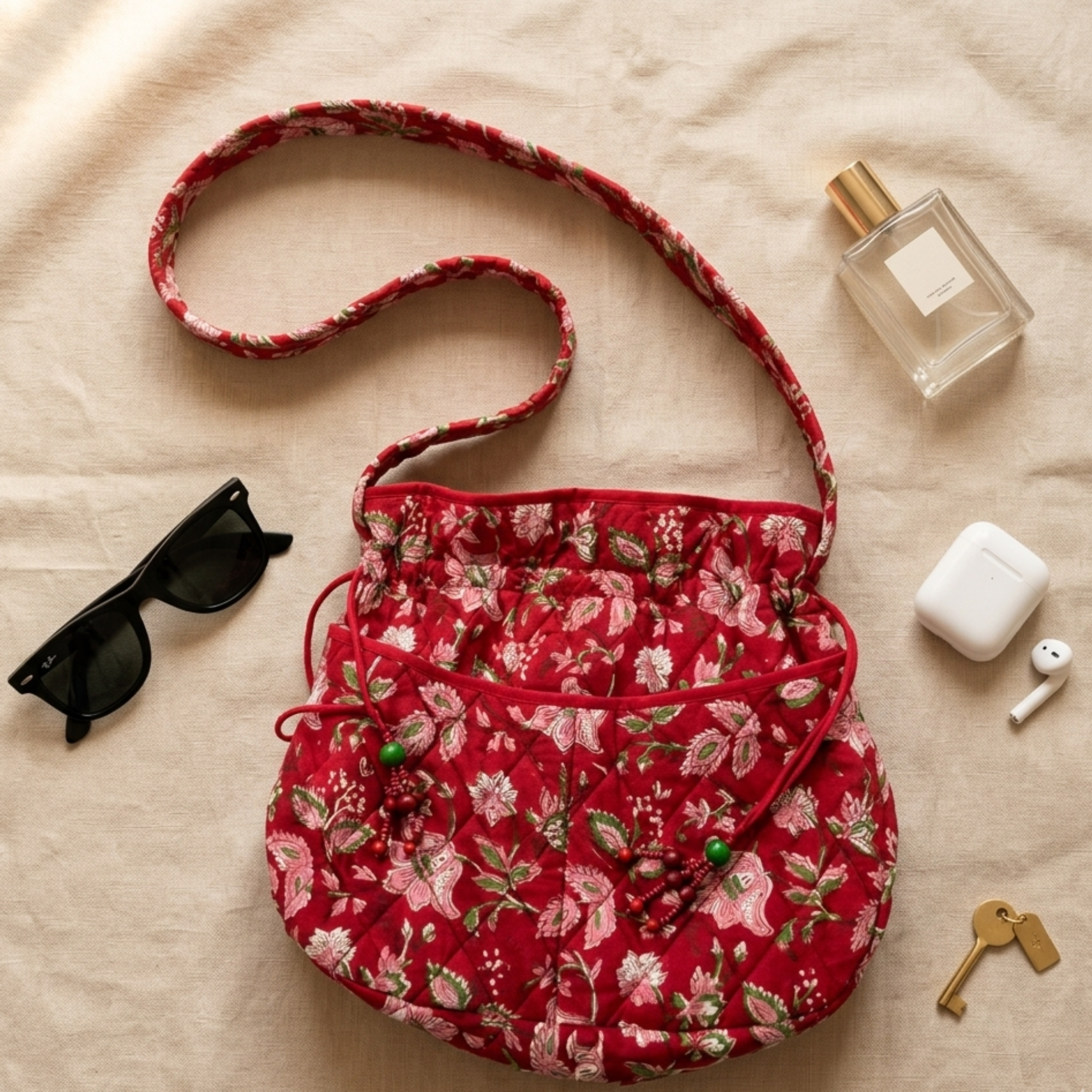 Red Floral Quilted Potli Bag