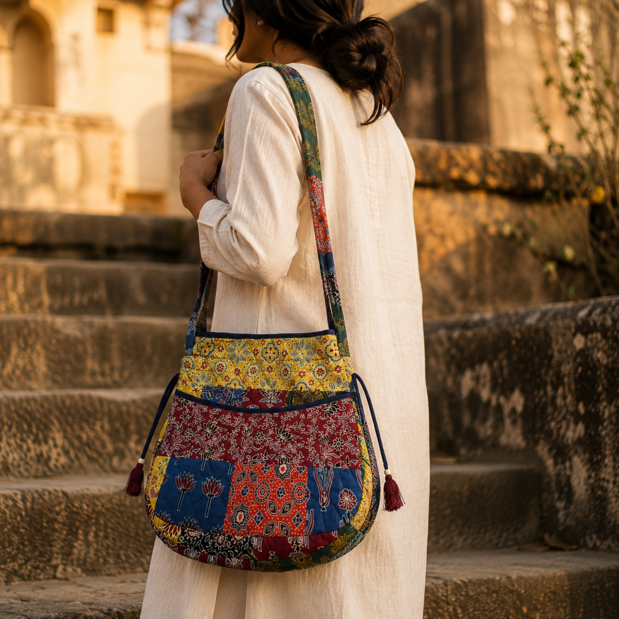 Multicoloured Ajrakh Drawstring Quilted Potli Bag
