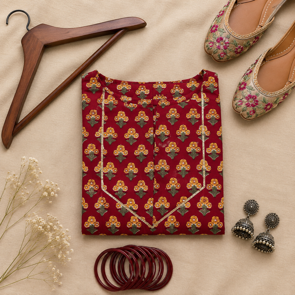 Red Handblock Print Cotton Kurta