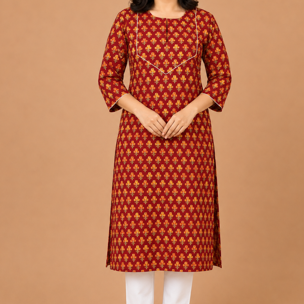 Red Handblock Print Cotton Kurta