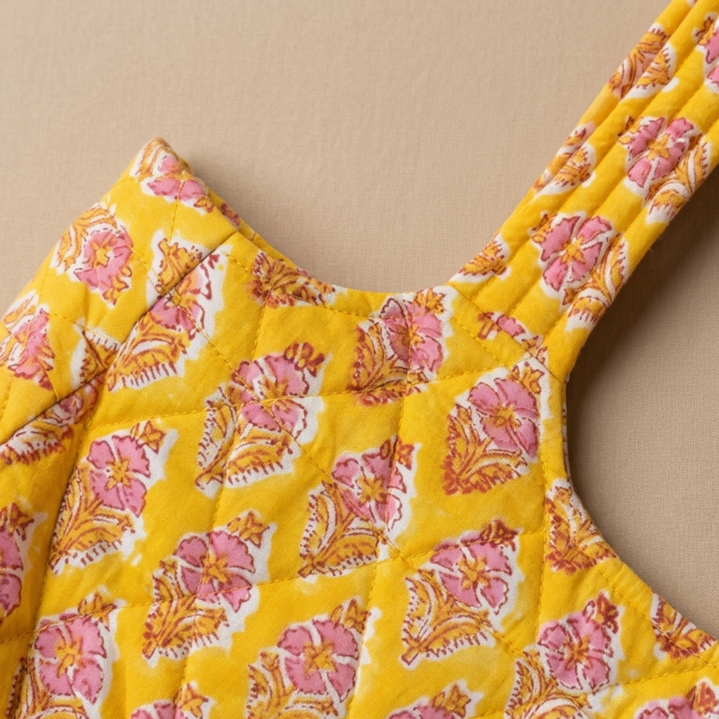 Yellow Handblock Boat Curve Quilted Tote