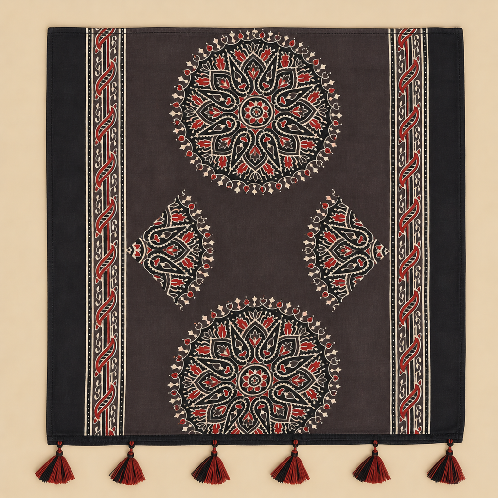 Stoles - Black and Rust Ajrakh Print Modal Silk Stole