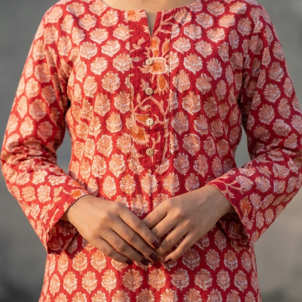Red Floral Handblock Print Cotton Kurta