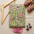Green Floral Handblock Print Cotton Kurta