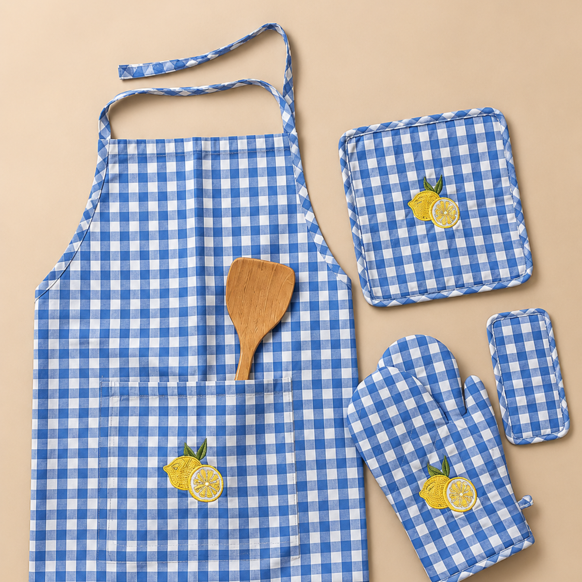 Blue Check Apron Set