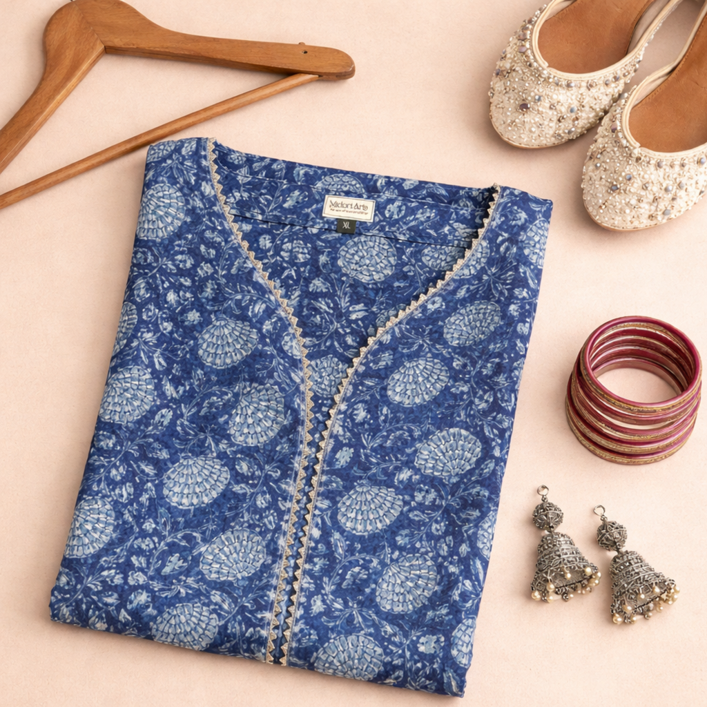 Blue Floral Handblock Print Cotton Kurta