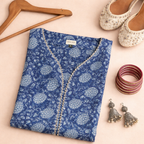 Blue Floral Handblock Print Cotton Kurta