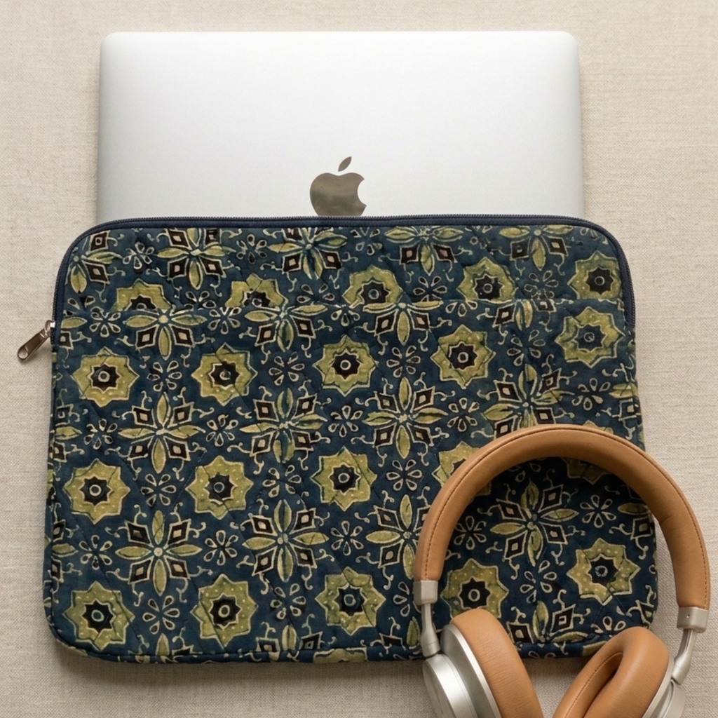 Indigo Floral Print Ajrakh  Quilted Laptop Sleeve