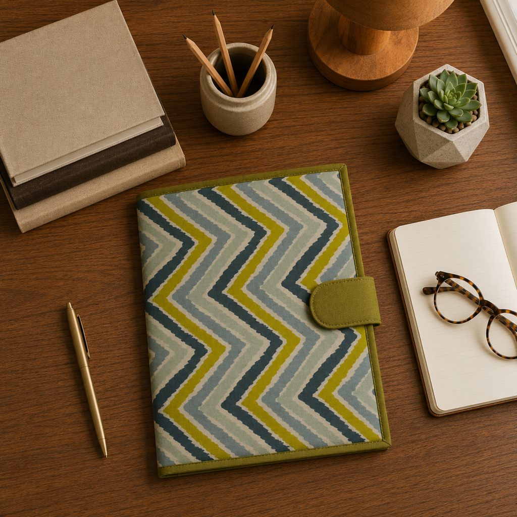 Handcrafted File Folder - Green Zig Zag Print