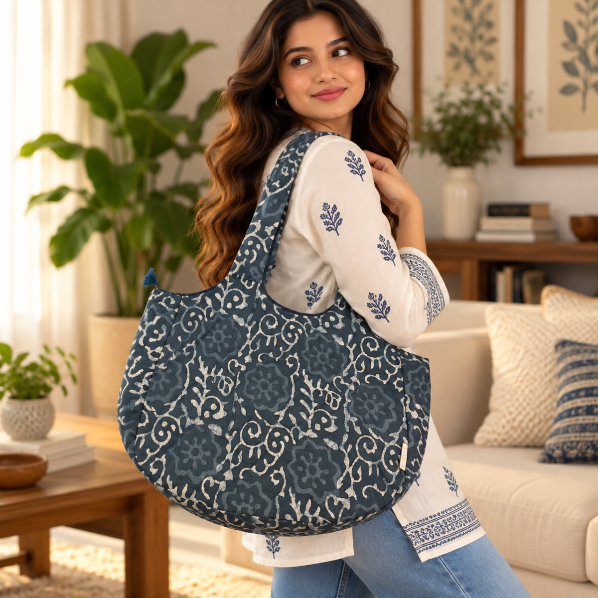 Grey Boat Curve Handcrafted Quilted Tote