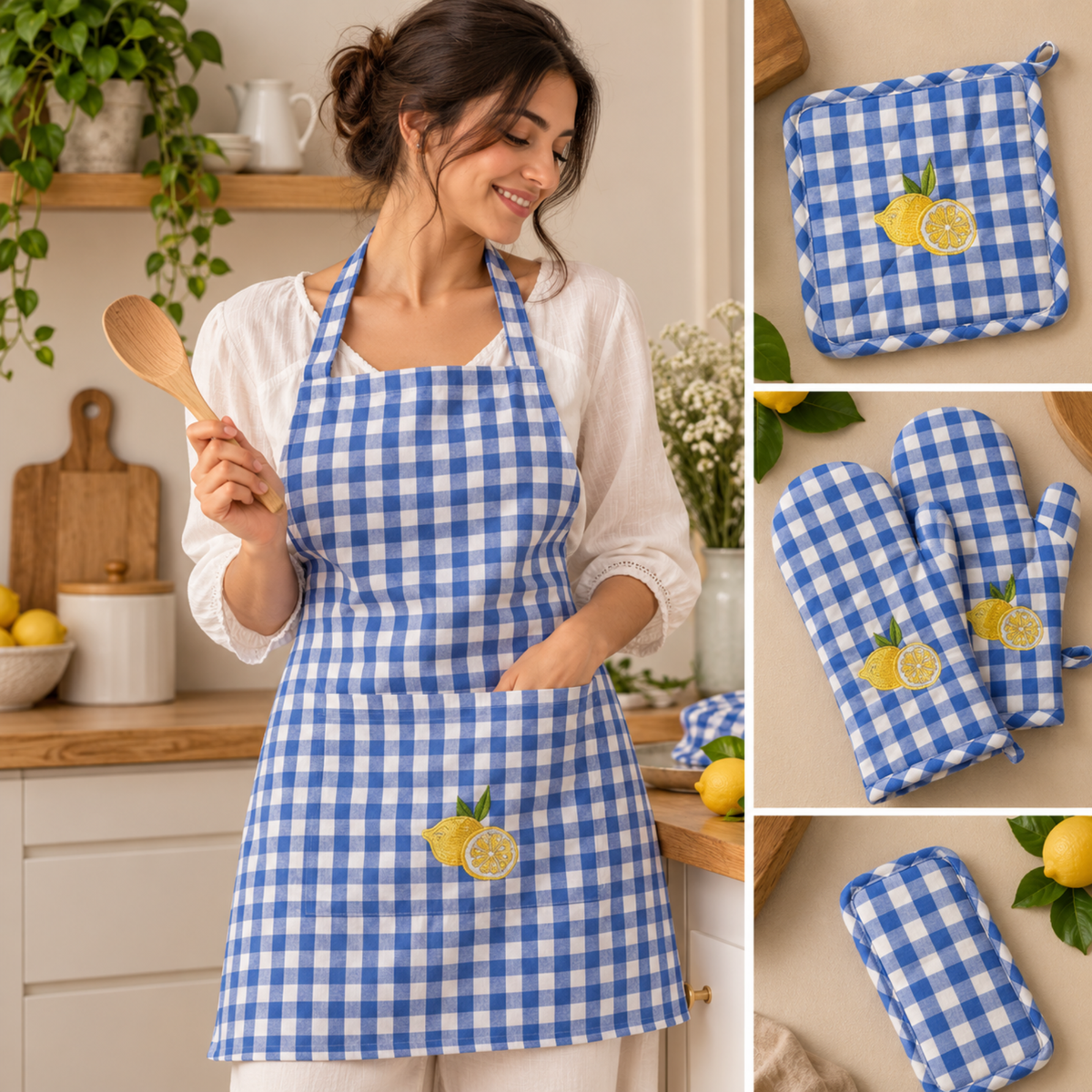 Blue Check Apron Set