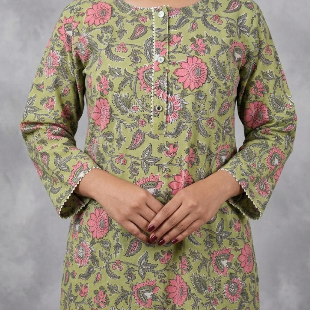 Green Floral Handblock Print Cotton Kurta