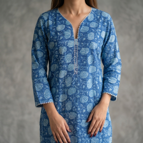 Blue Floral Handblock Print Cotton Kurta