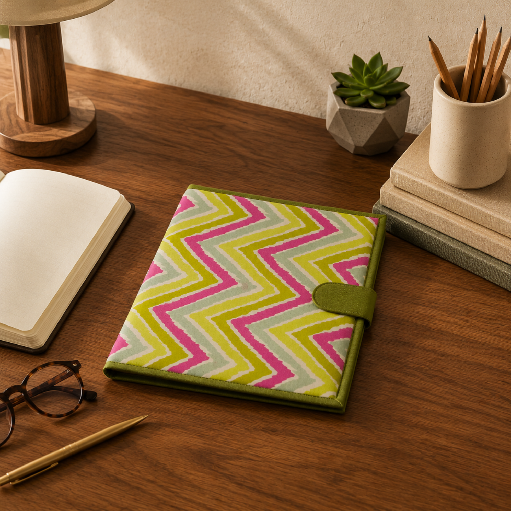 Handcrafted File Folder - Lime and Pink  Handblock Print