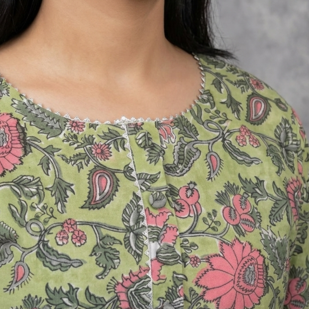 Green Floral Handblock Print Cotton Kurta