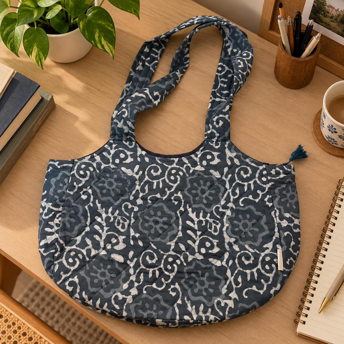 Grey Boat Curve Handcrafted Quilted Tote