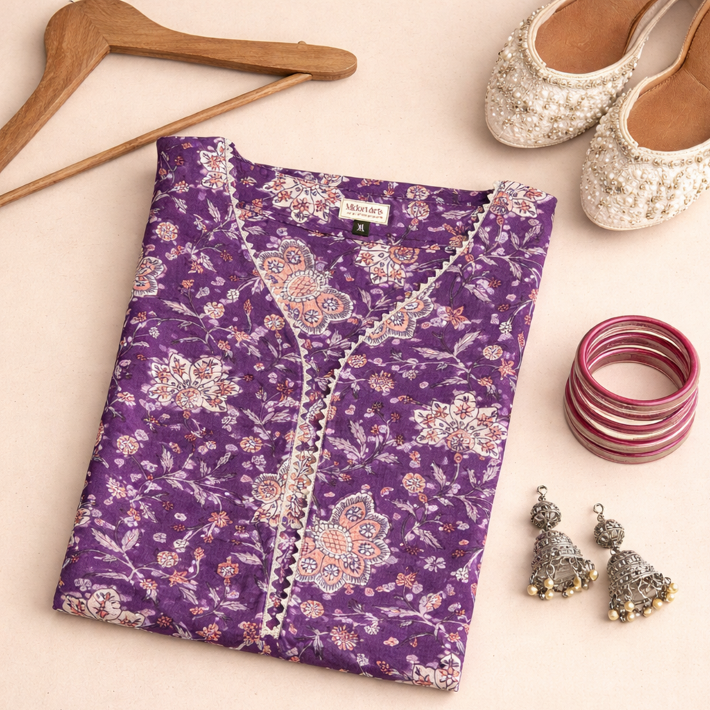 Vine Floral Handblock Print Cotton Kurta