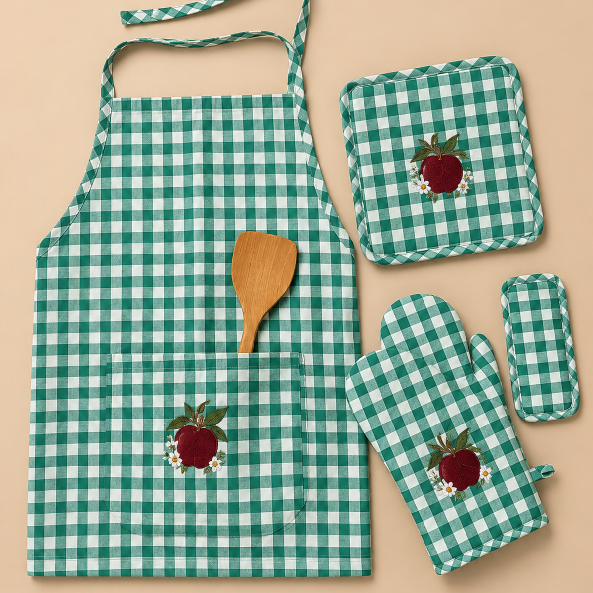 Green Check Apron Set