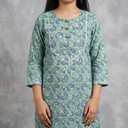 Green Floral Handblock Print Cotton Kurta