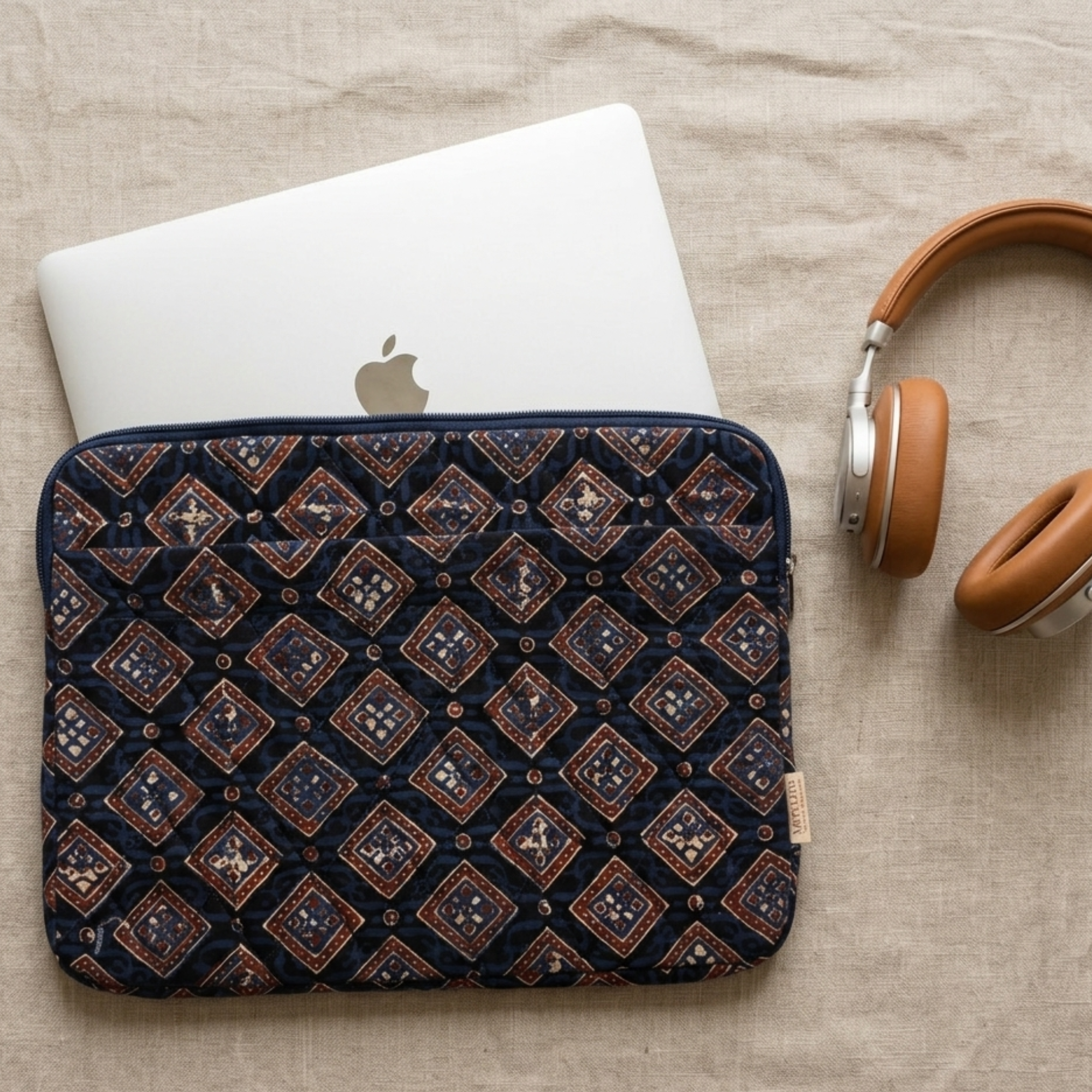Indigo Geometrical Print Ajrakh  Quilted Laptop Sleeve
