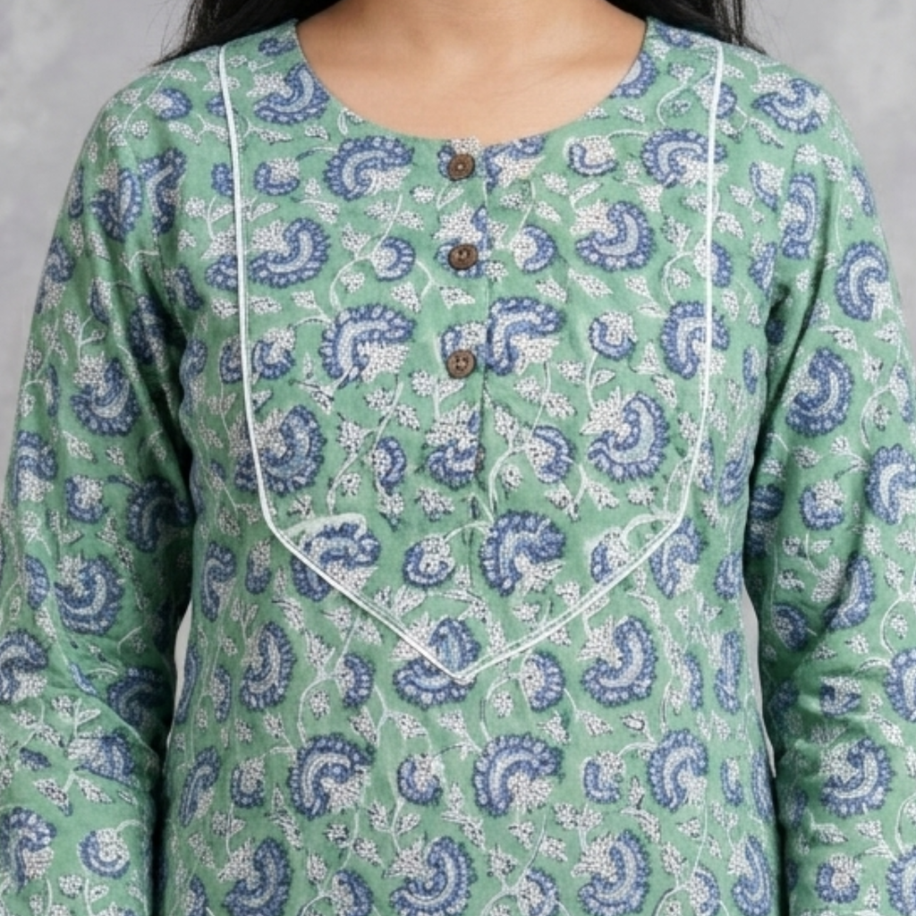 Green Floral Handblock Print Cotton Kurta