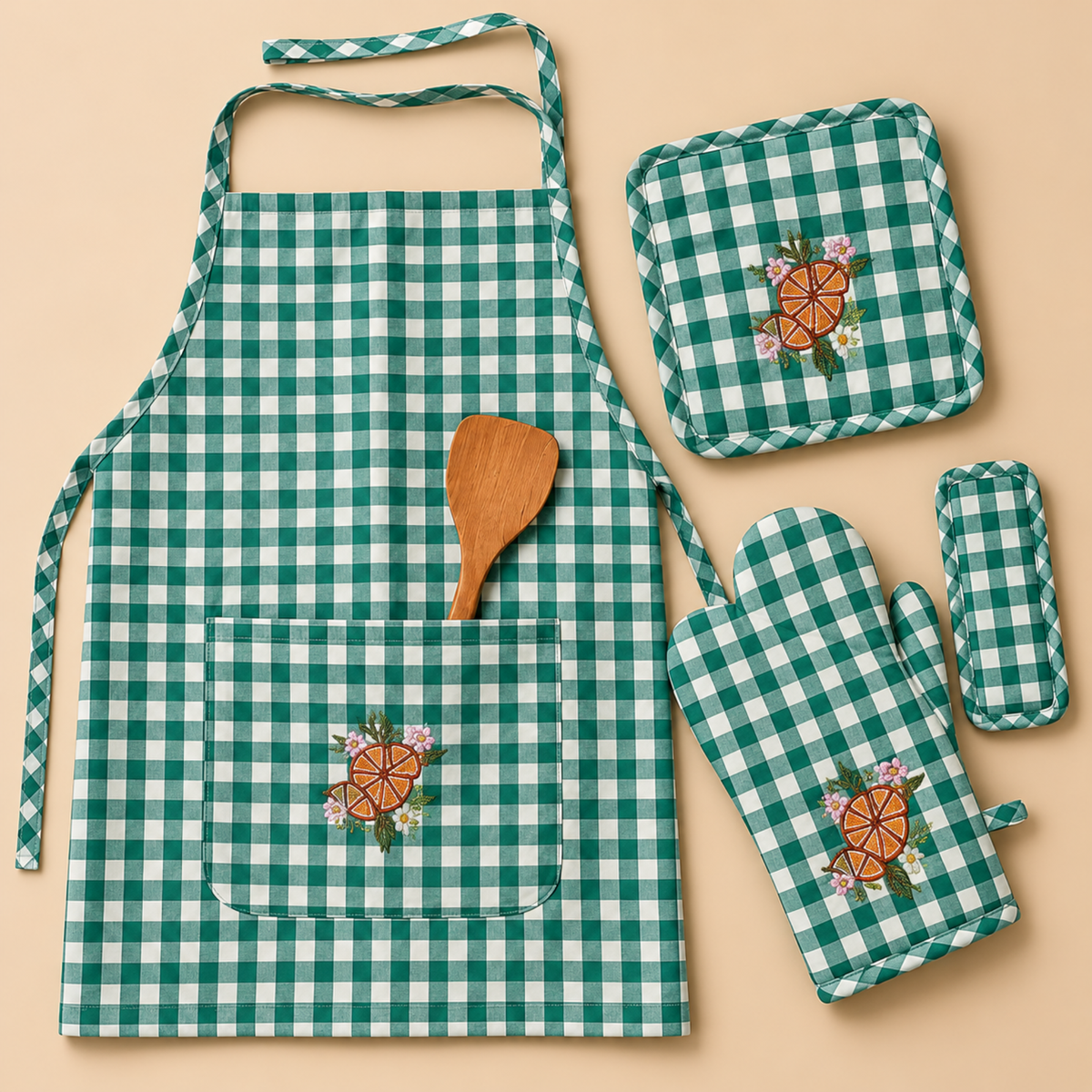Green Check Apron Set
