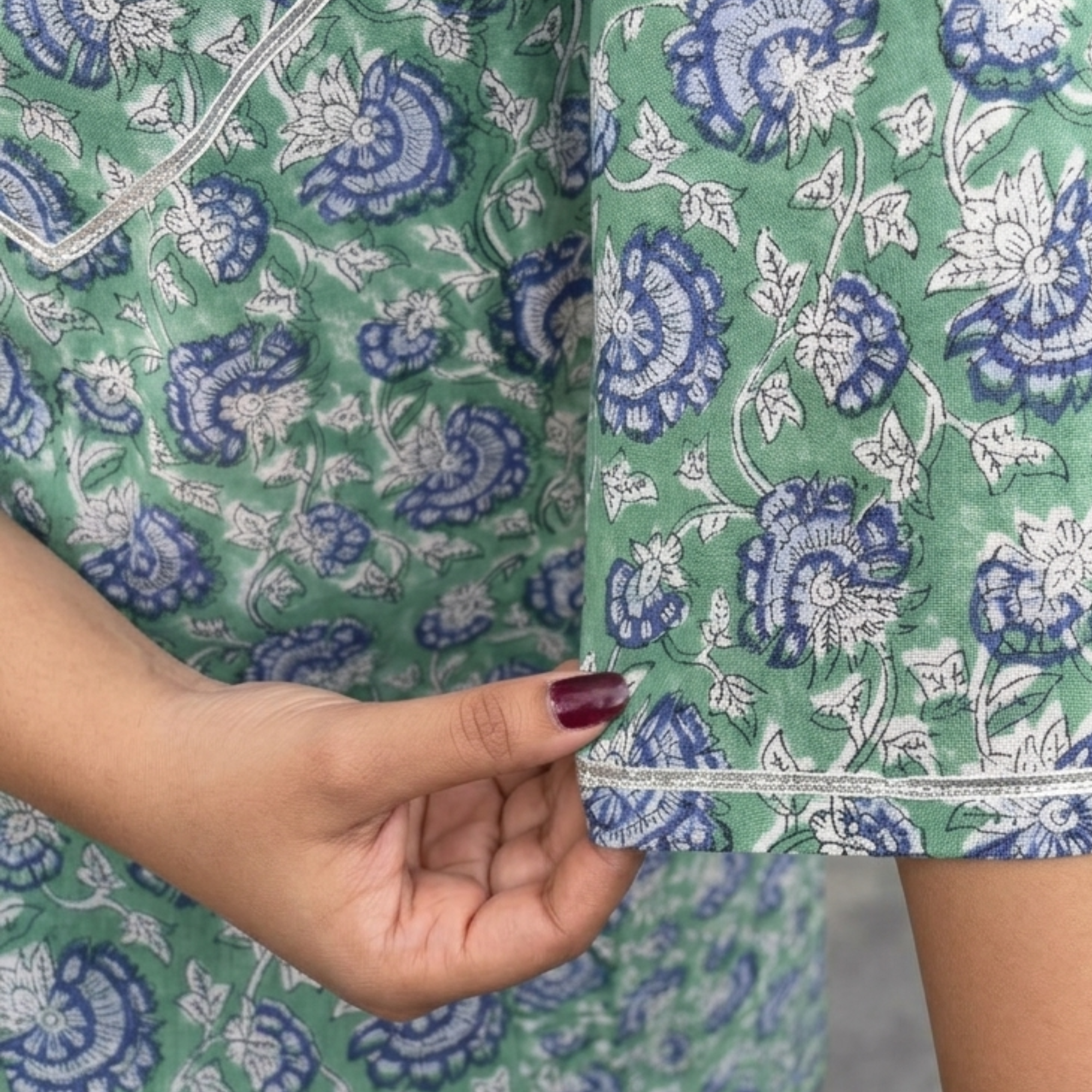 Green Floral Handblock Print Cotton Kurta