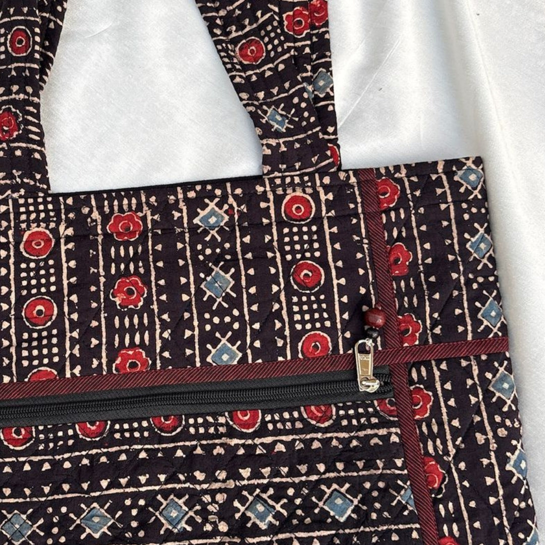 Black Ajrakh Handcrafted Quilted Tote Bag