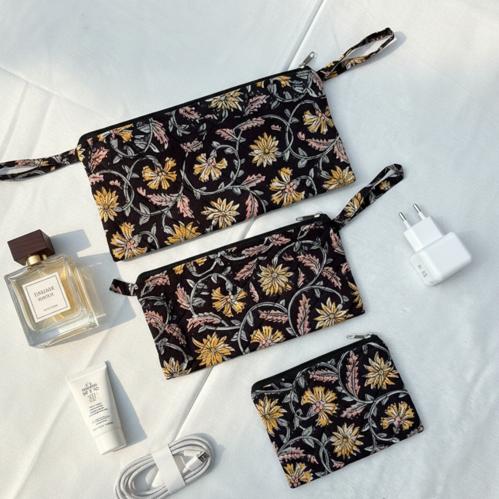 Midnight Bloom Handcrafted Set of Three Multipurpose pouch
