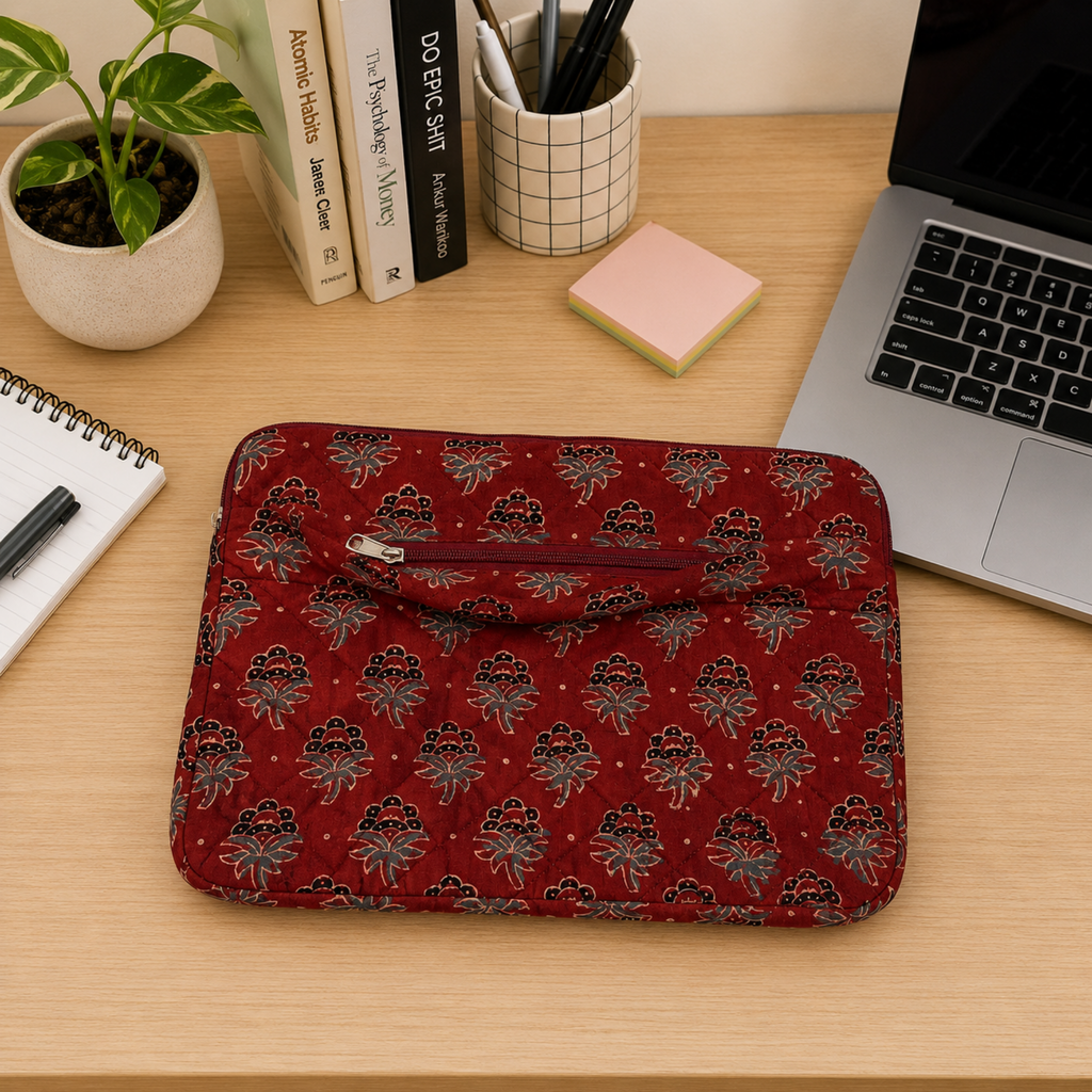 Maroon Ajrakh Quilted Laptop Sleeve