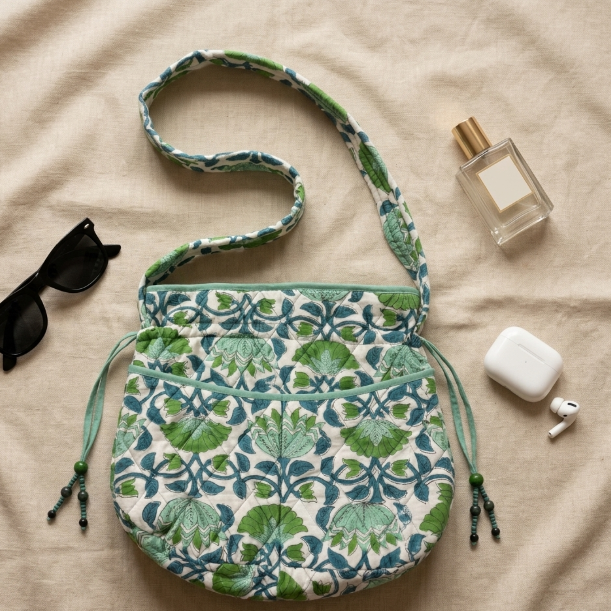 Green Floral Quilted Potli Bag