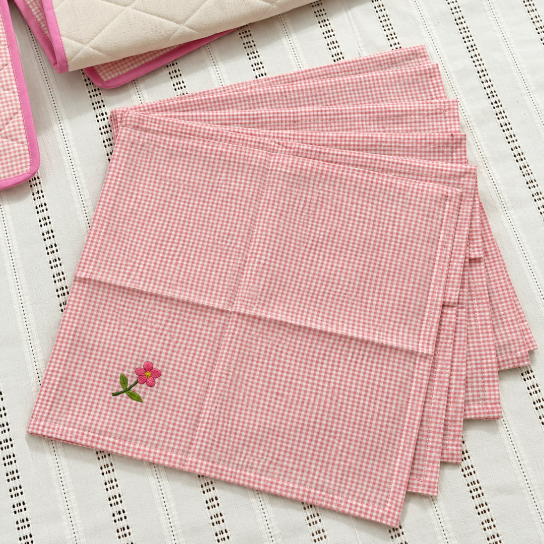 Pink Checked Cotton Quilted Table Mat Set