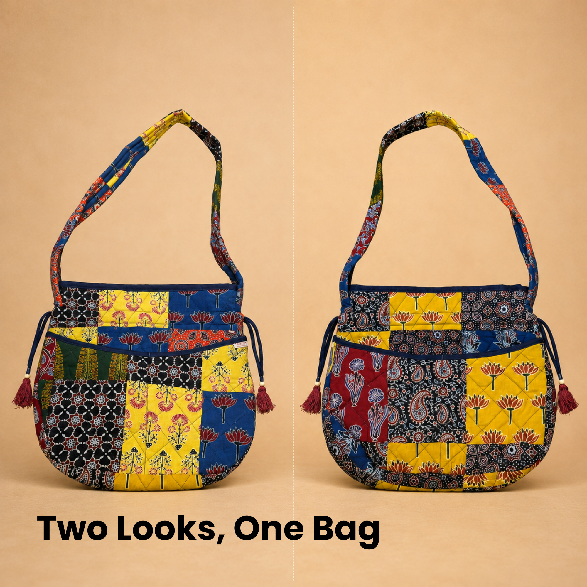 Multicoloured Ajrakh Drawstring Quilted Potli Bag