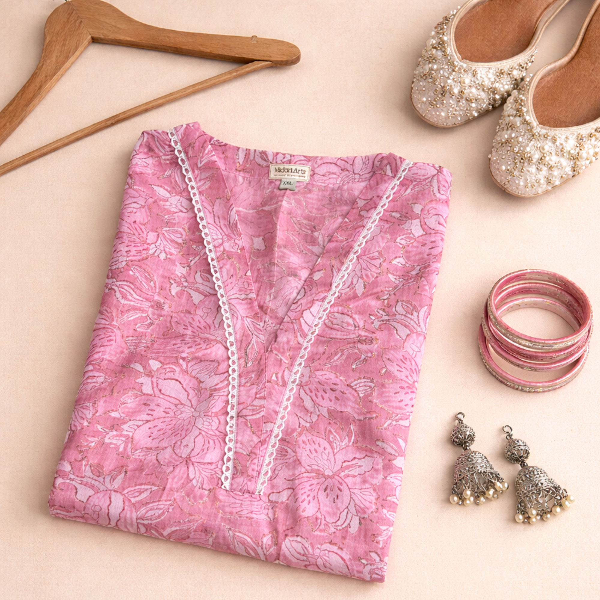 Pink Floral Handblock Print Cotton Kurta