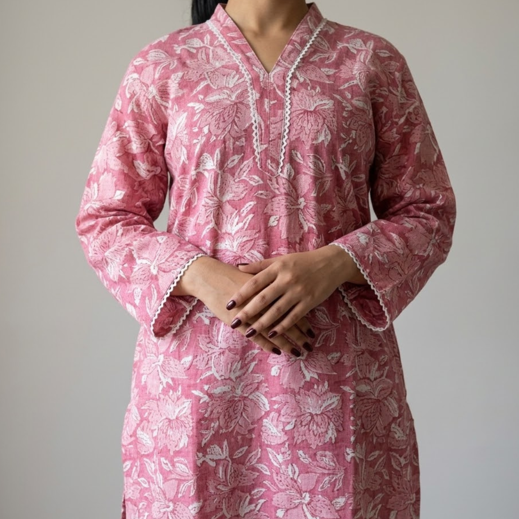 Pink Floral Handblock Print Cotton Kurta