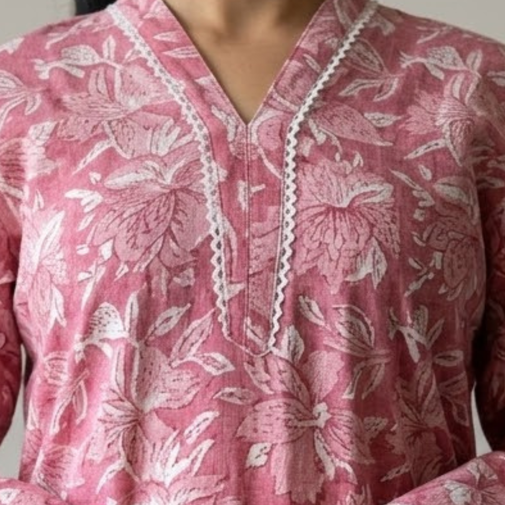Pink Floral Handblock Print Cotton Kurta