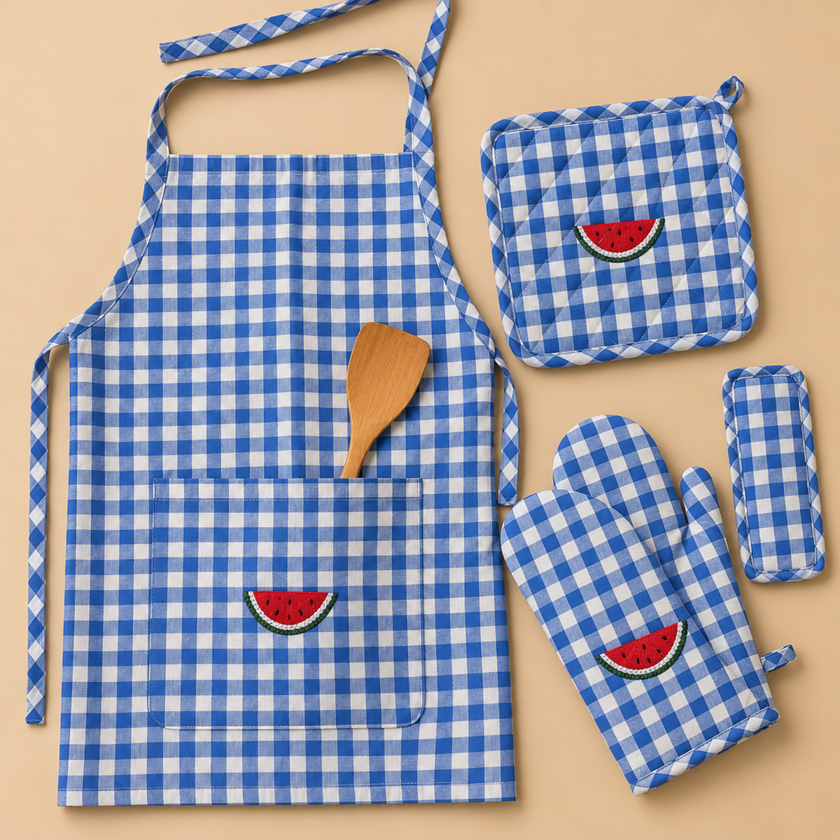 Blue Check Apron Set