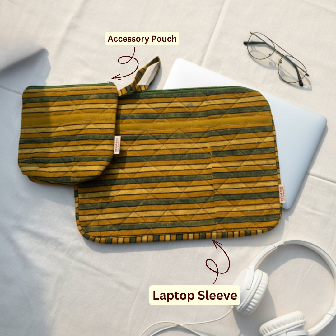 Sunshine Green Striped Ajrakh Handcrafted Handblock Quilted Laptop Sleeve