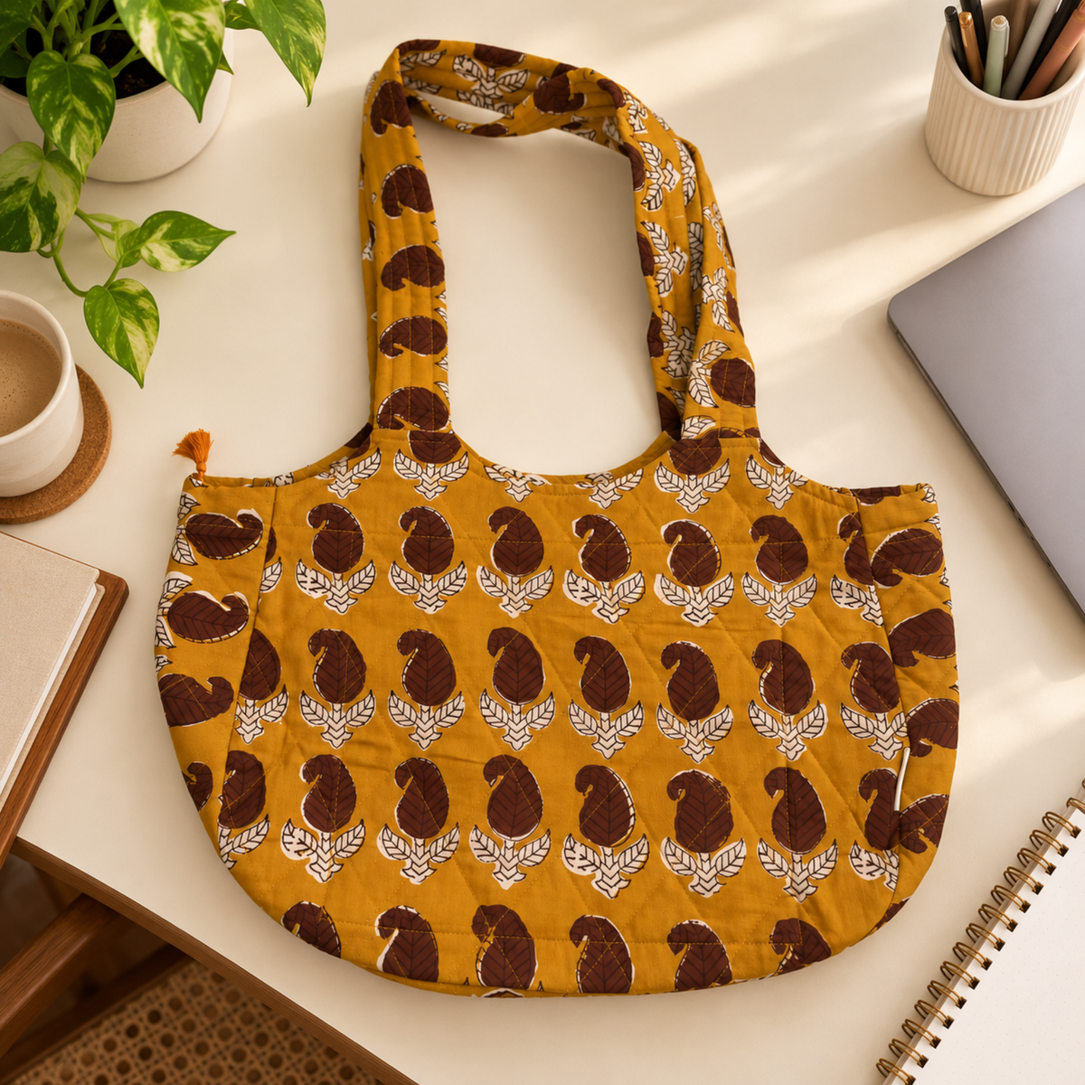 Mustard Boat Curve Handcrafted Quilted Tote