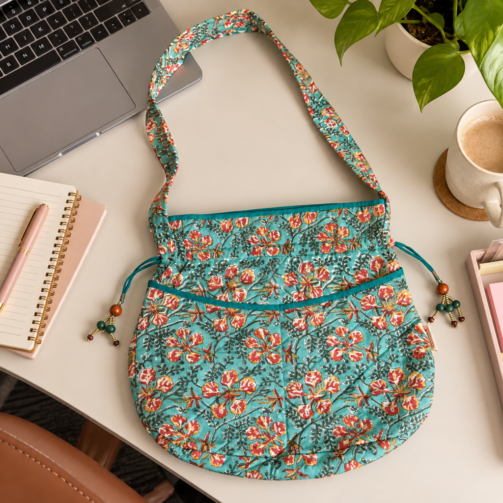 Blue Handblock Print Quilted Potli Bag
