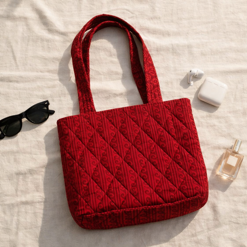 Red Handblock Handcrafted Quilted Tote Bag