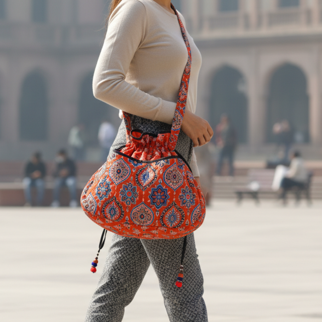 Oramge Ajrakh Quilted Potli Bag