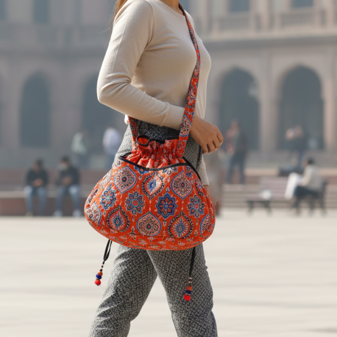 Oramge Ajrakh Quilted Potli Bag