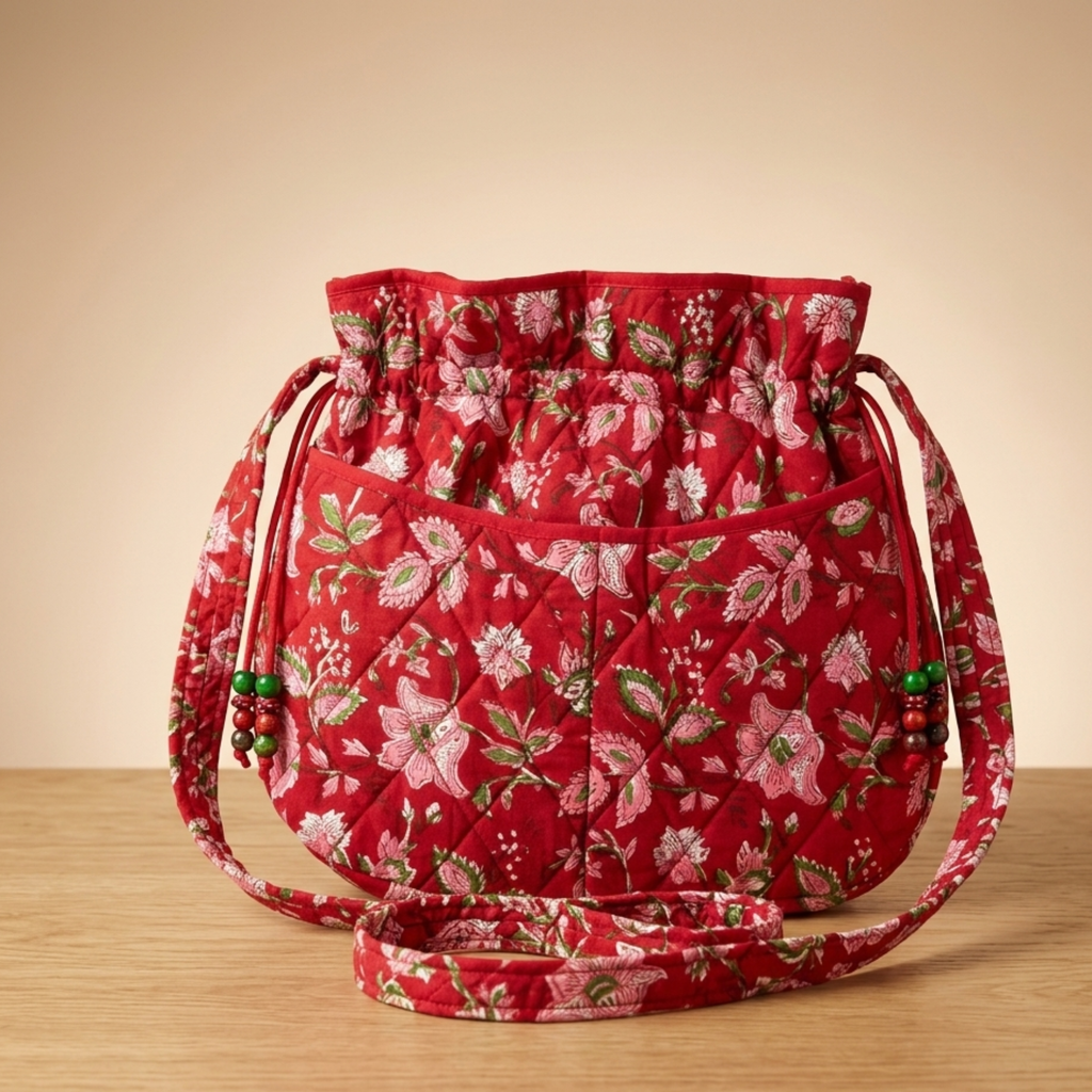 Red Floral Quilted Potli Bag