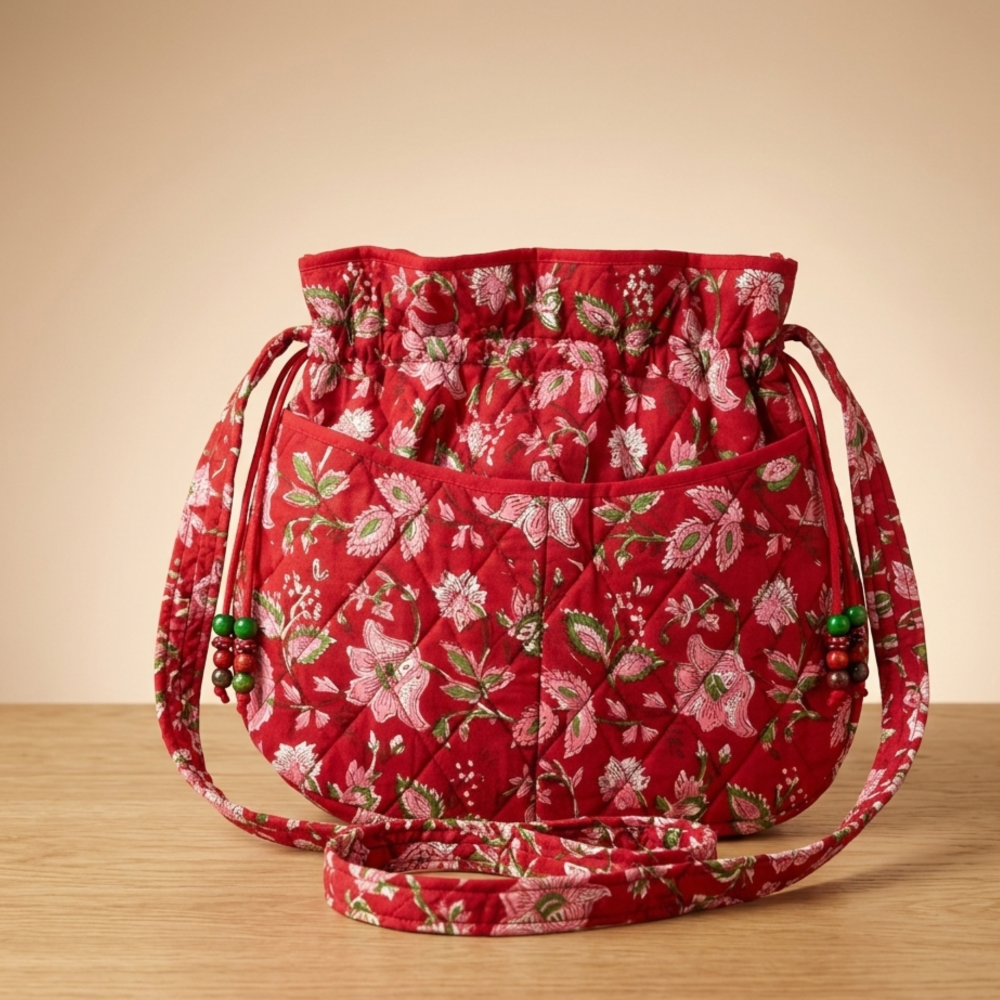 Red Floral Quilted Potli Bag